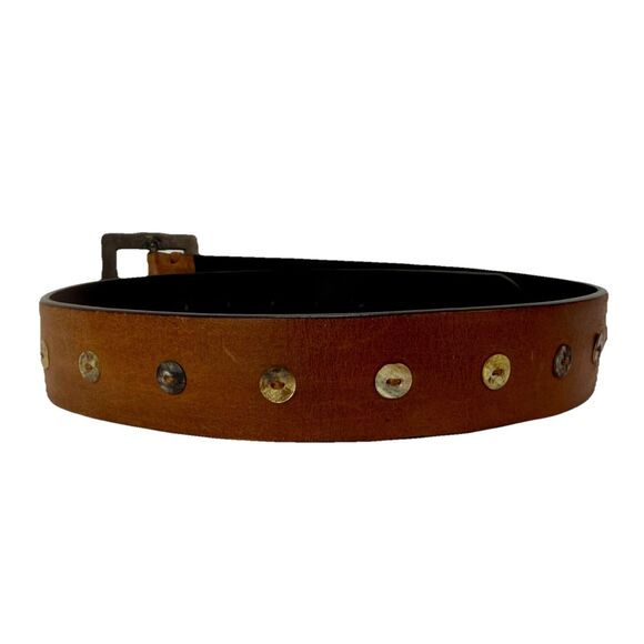 Genuine Brown Leather Belt with Concho Shells & Metal Buckle‎ – Size Small - Picture 3 of 9